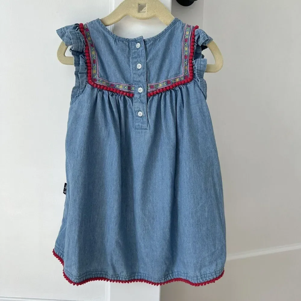 Le Top girl Chambray Pom Pom trim and tassel‎ Dress Size 3T Blue